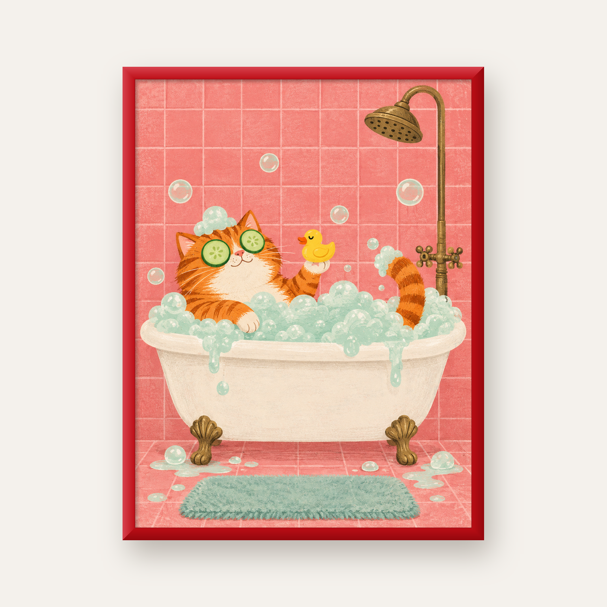Küvette Rahatlayan Kedi Poster – Pastel ve Eğlenceli Duvar Sanatı — kırmızı çerçeveli