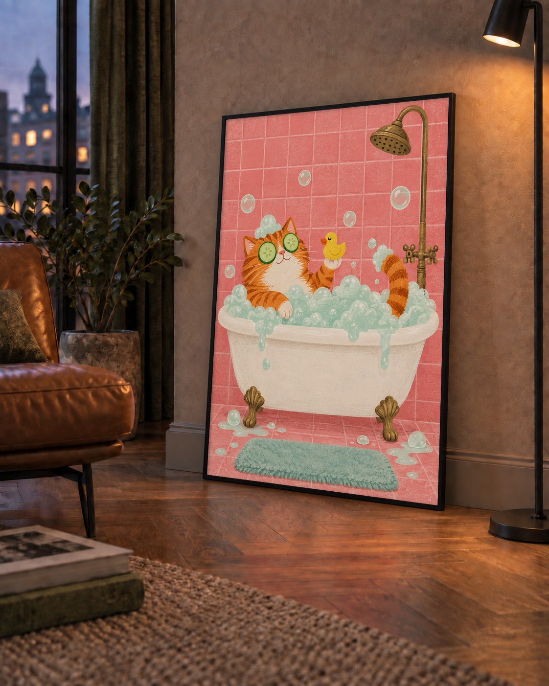 Küvette Rahatlayan Kedi Poster – Pastel ve Eğlenceli Duvar Sanatı — çerçeveli hâliyle bir ev duvarında