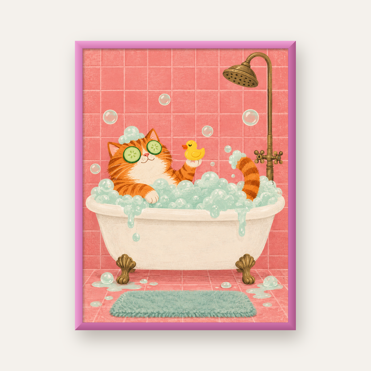 Küvette Rahatlayan Kedi Poster – Pastel ve Eğlenceli Duvar Sanatı — pembe çerçeveli