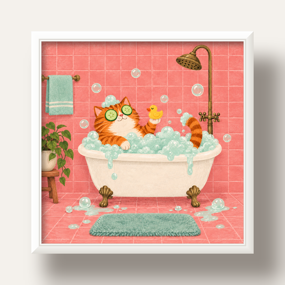 Küvette Rahatlayan Kedi Poster – Pastel ve Eğlenceli Duvar Sanatı — beyaz derin çerçeveli