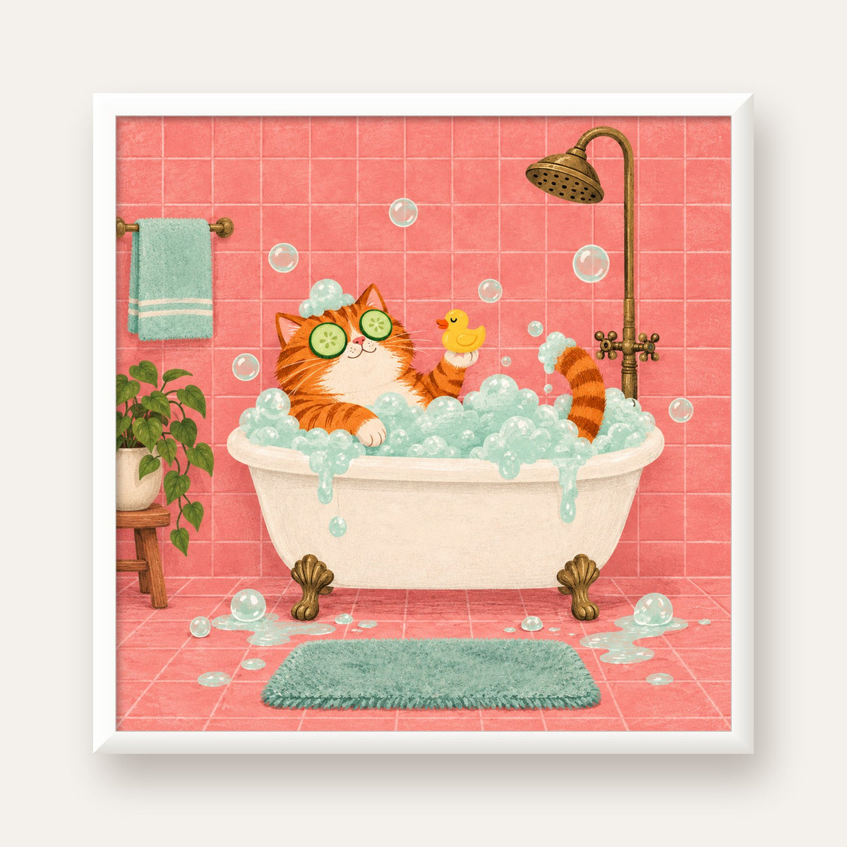 Küvette Rahatlayan Kedi Poster – Pastel ve Eğlenceli Duvar Sanatı — beyaz çerçeveli kare poster