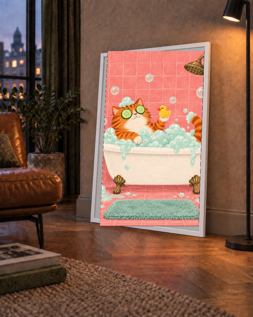 Küvette Rahatlayan Kedi Poster – Pastel ve Eğlenceli Duvar Sanatı
