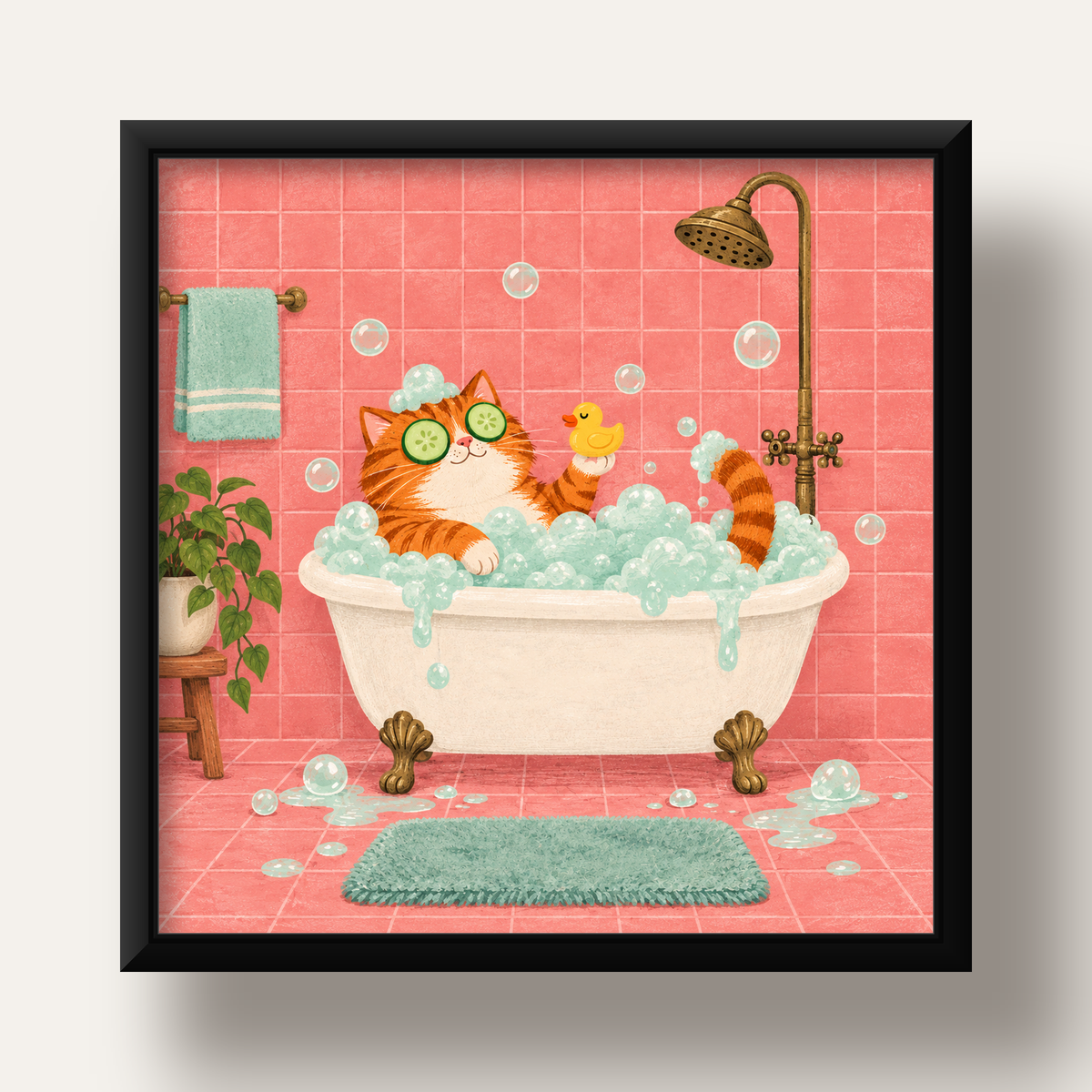 Küvette Rahatlayan Kedi Poster – Pastel ve Eğlenceli Duvar Sanatı — siyah derin çerçeveli
