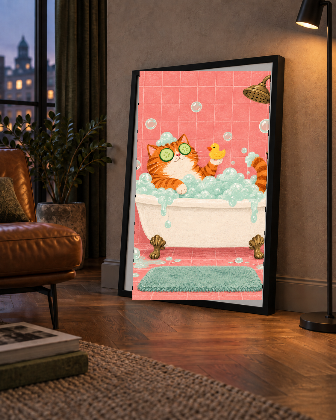 Küvette Rahatlayan Kedi Poster – Pastel ve Eğlenceli Duvar Sanatı