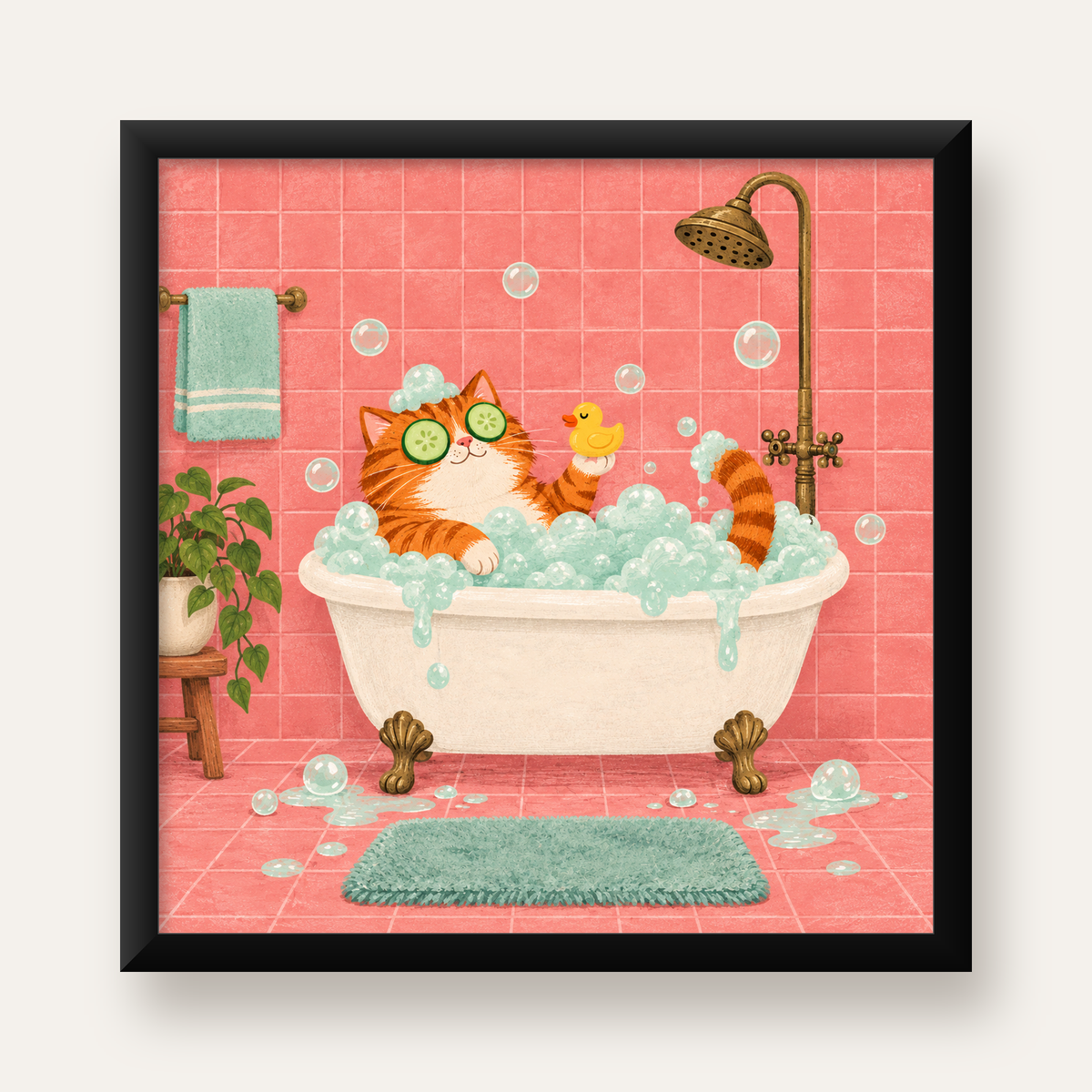 Küvette Rahatlayan Kedi Poster – Pastel ve Eğlenceli Duvar Sanatı — Kare baskı, düz siyah çerçeveli duvar posteri