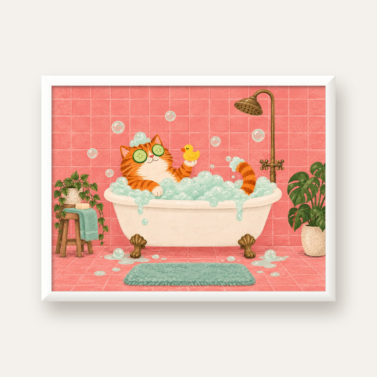 Küvette Rahatlayan Kedi Poster – Pastel ve Eğlenceli Duvar Sanatı — beyaz çerçeveli yatay poster