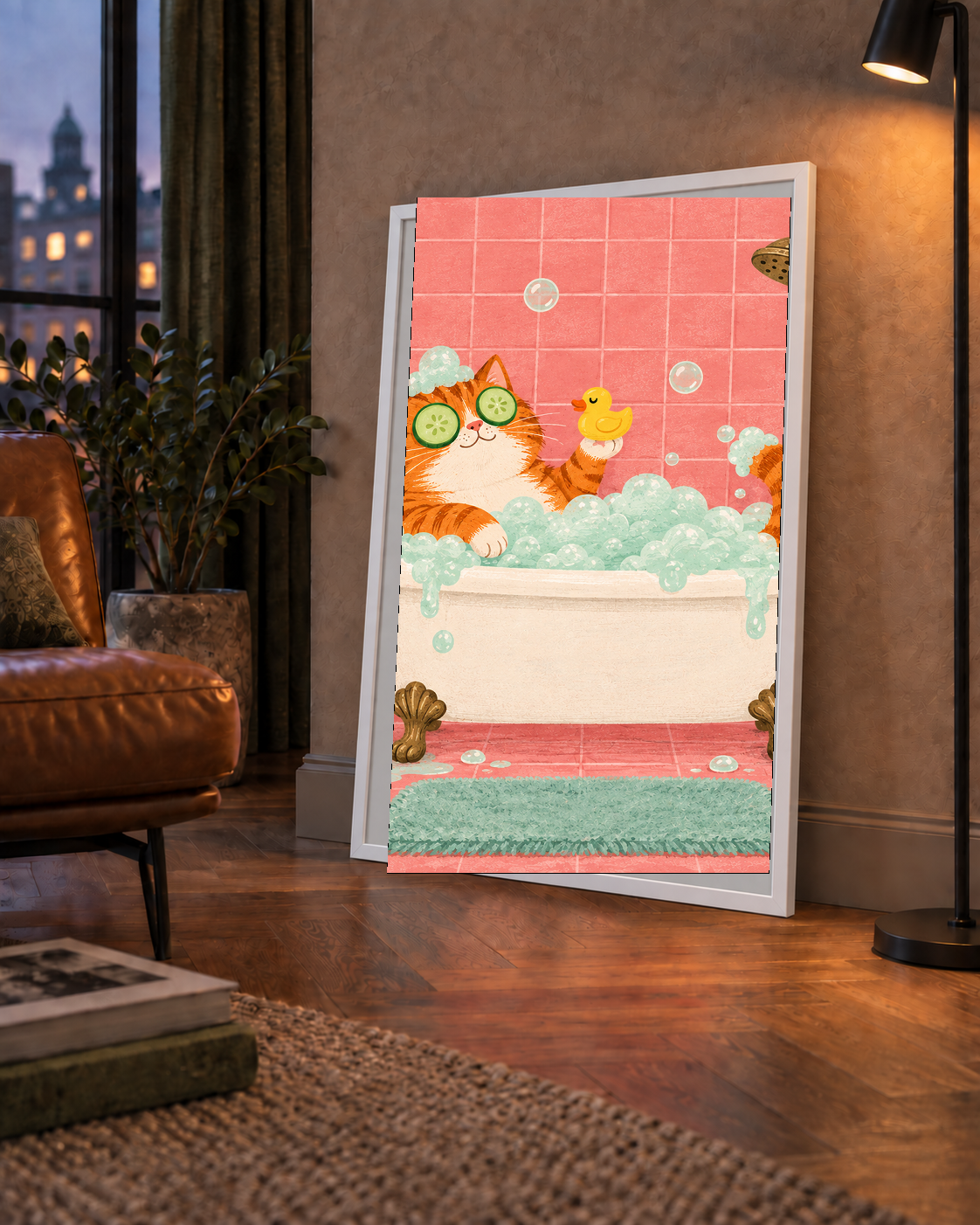 Küvette Rahatlayan Kedi Poster – Pastel ve Eğlenceli Duvar Sanatı