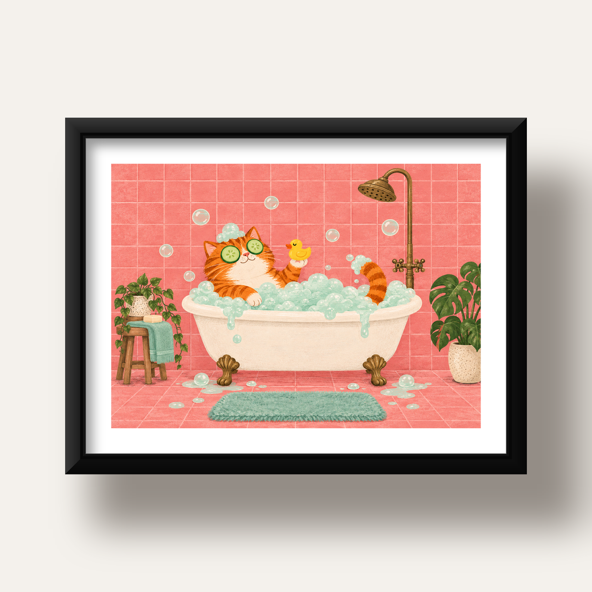 Küvette Rahatlayan Kedi Poster – Pastel ve Eğlenceli Duvar Sanatı — siyah derin çerçeveli paspartulu