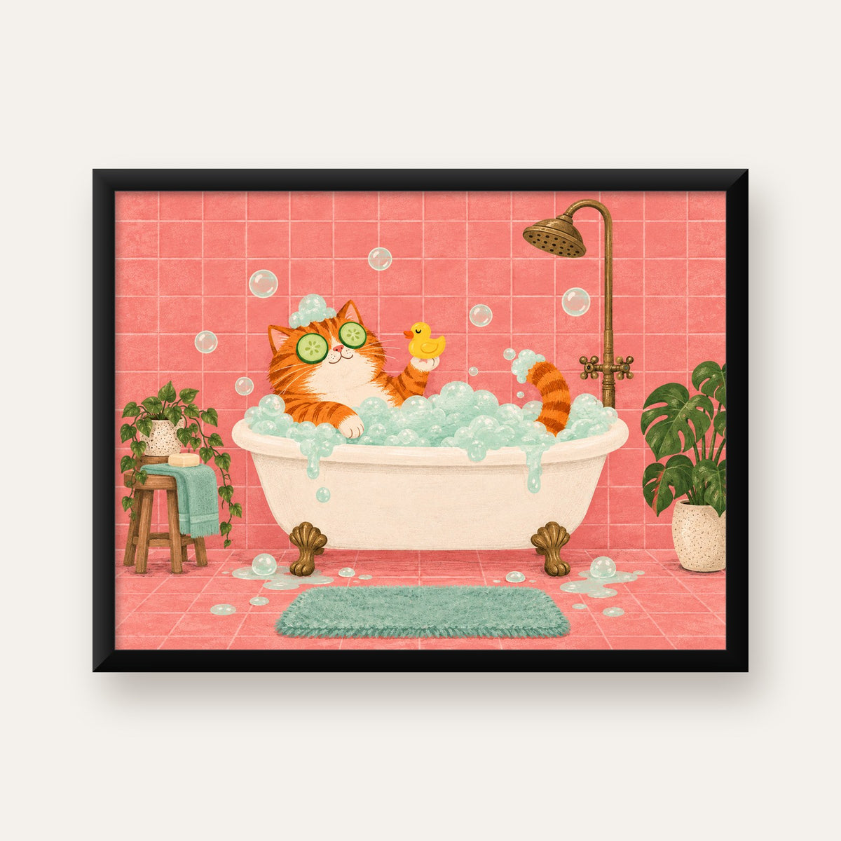 Küvette Rahatlayan Kedi Poster – Pastel ve Eğlenceli Duvar Sanatı — Yatay baskı, düz siyah çerçeveli duvar posteri