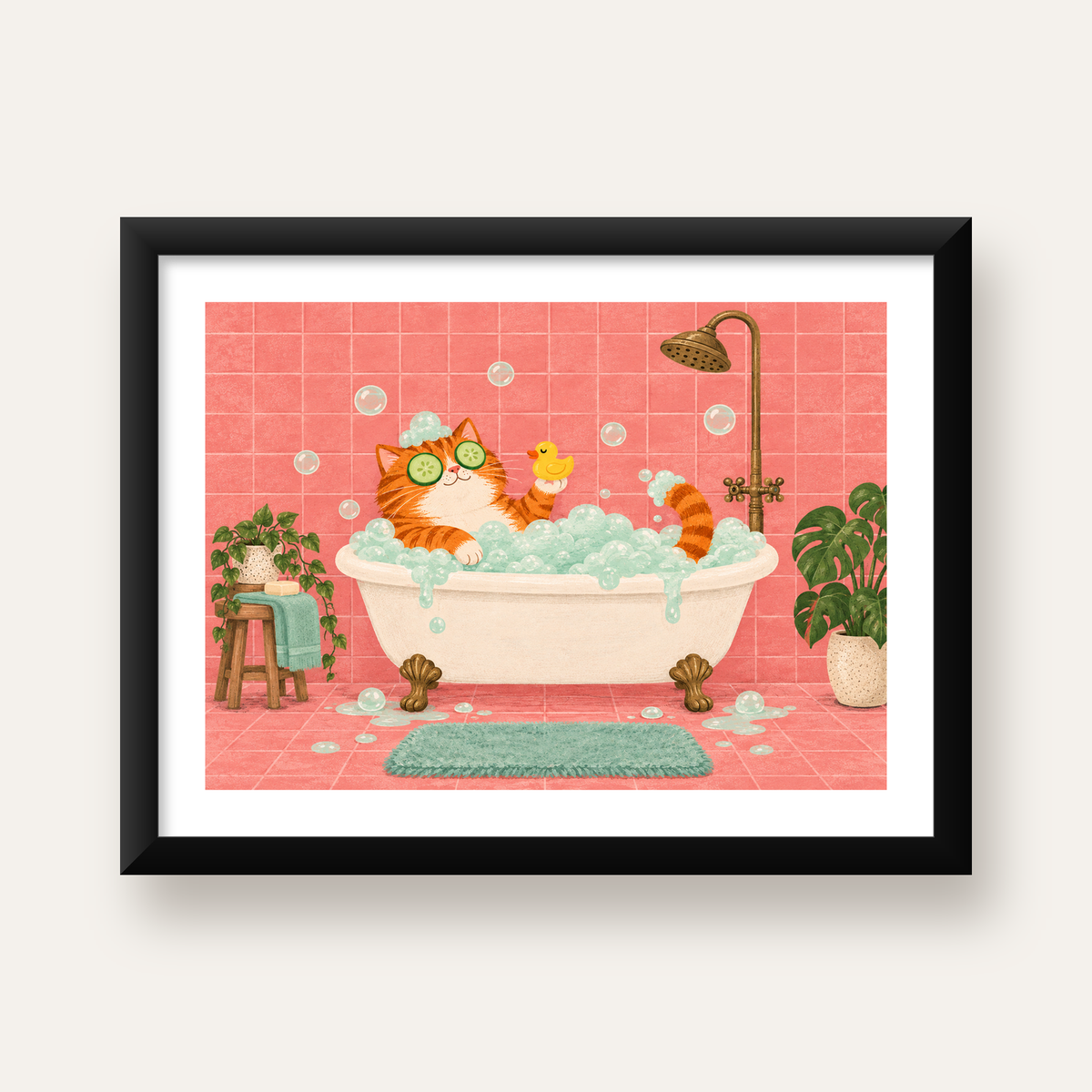 Küvette Rahatlayan Kedi Poster – Pastel ve Eğlenceli Duvar Sanatı — Yatay baskı, beyaz paspartulu