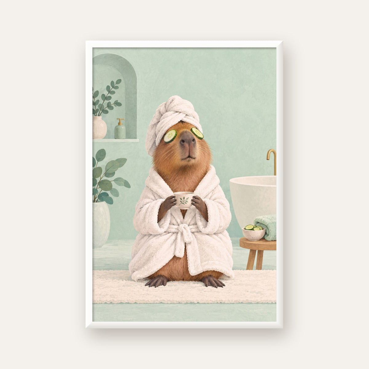 Spa Keyfi Yapan Su Maymunu Dijital Poster Baskısı — beyaz çerçeveli dikey poster