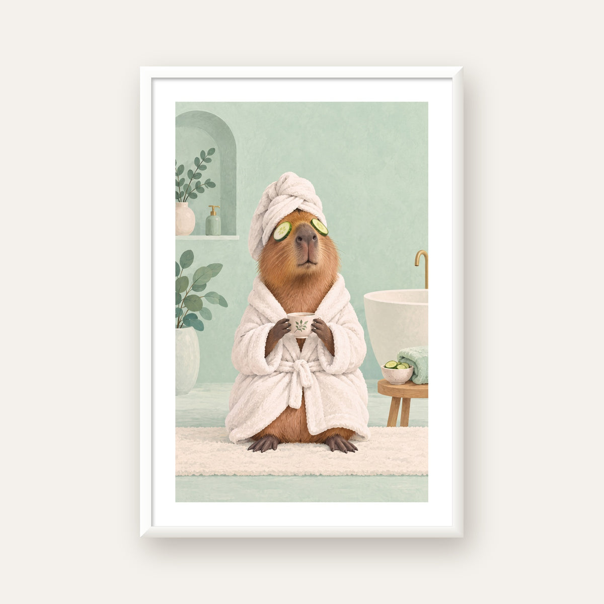 Spa Keyfi Yapan Su Maymunu Dijital Poster Baskısı — beyaz çerçeveli dikey poster