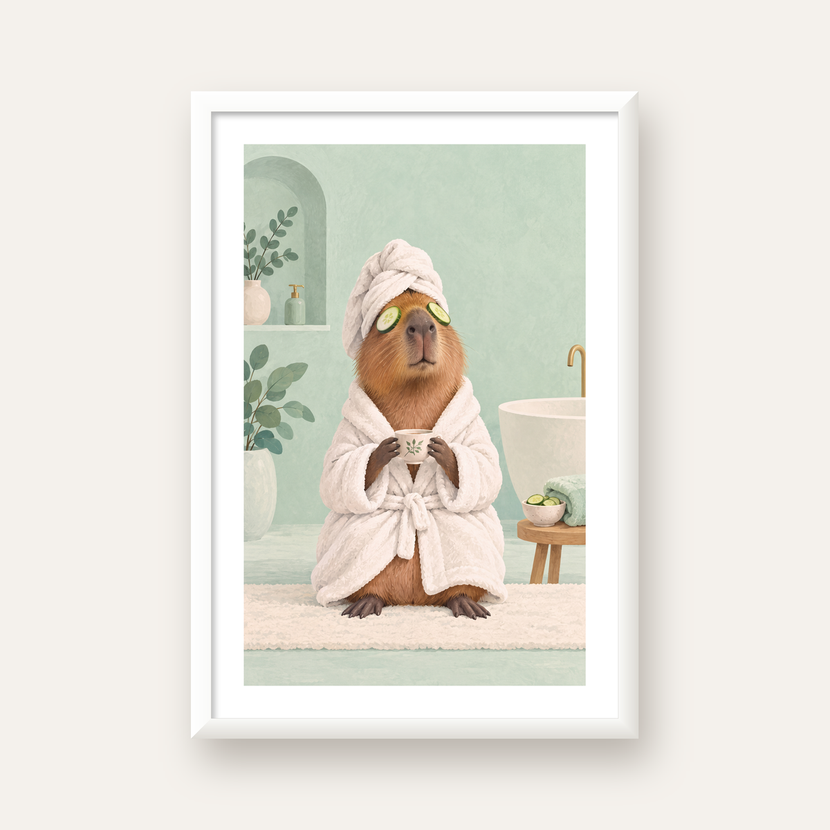 Spa Keyfi Yapan Su Maymunu Dijital Poster Baskısı — beyaz çerçeveli dikey poster