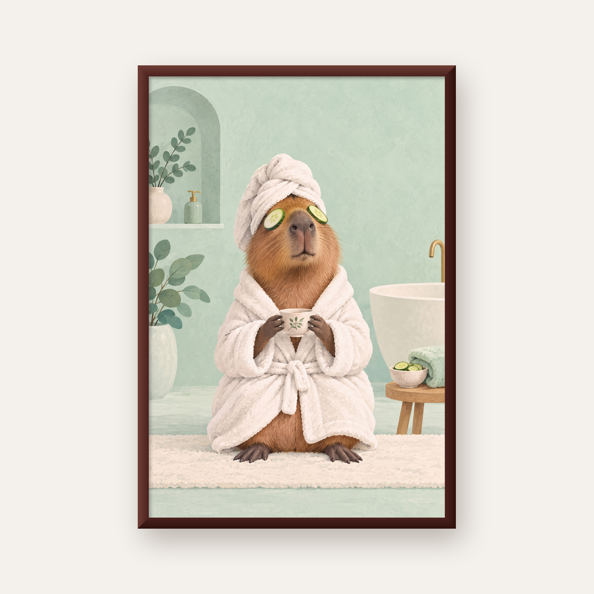 Spa Keyfi Yapan Su Maymunu Dijital Poster Baskısı — ceviz çerçeveli