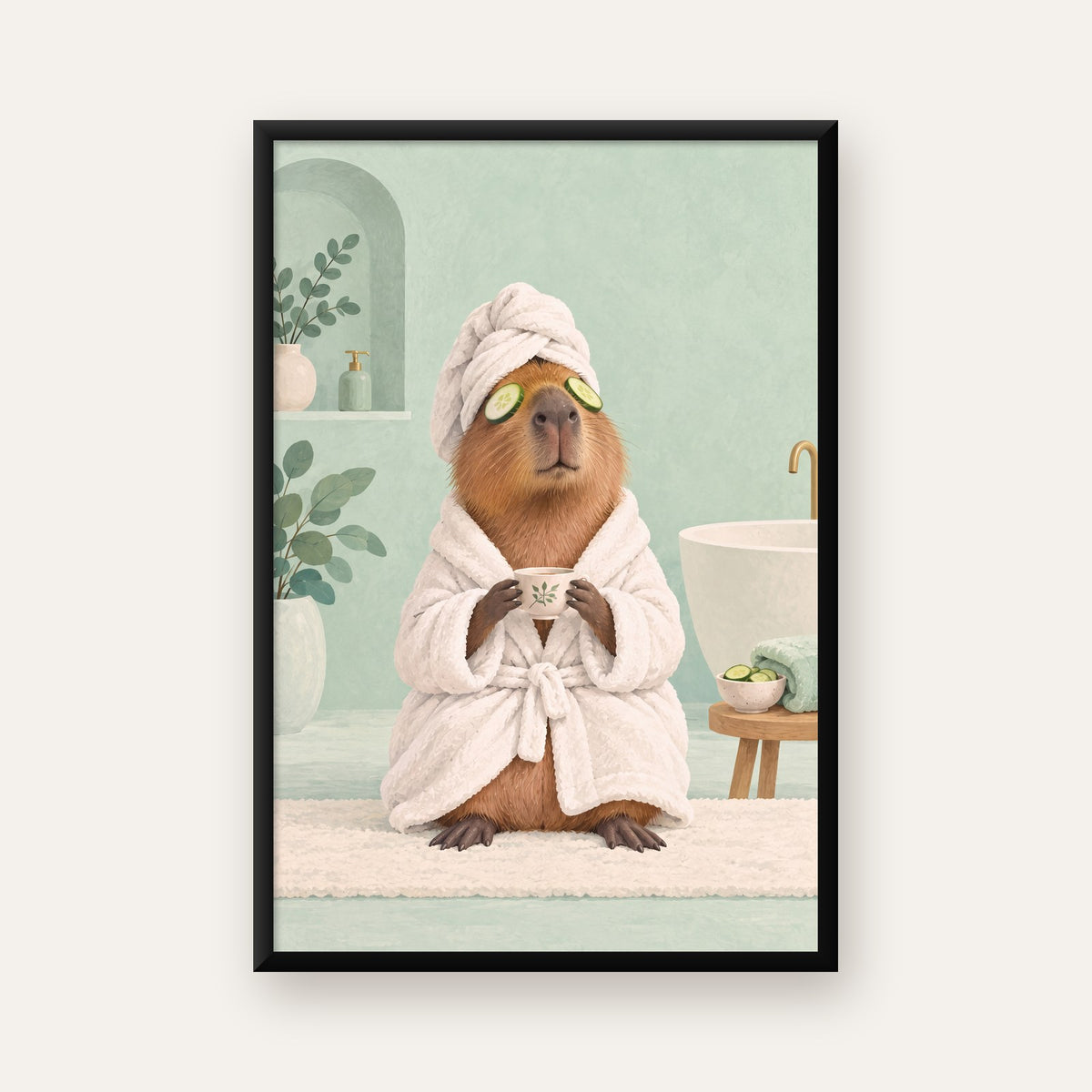 Spa Keyfi Yapan Su Maymunu Dijital Poster Baskısı — Dikey baskı, düz siyah çerçeveli duvar posteri
