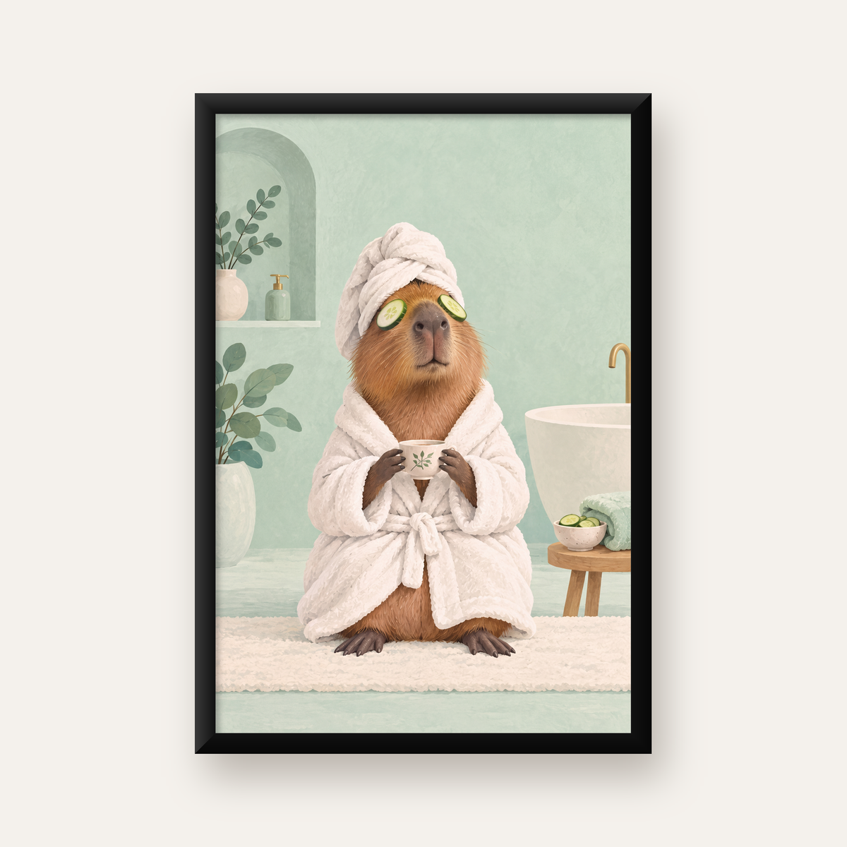 Spa Keyfi Yapan Su Maymunu Dijital Poster Baskısı — Dikey baskı, düz siyah çerçeveli duvar posteri