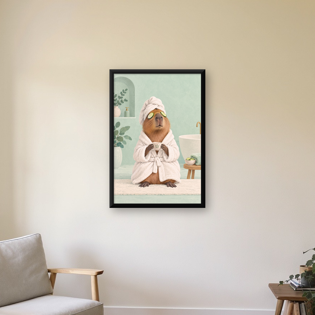Spa Keyfi Yapan Su Maymunu Dijital Poster Baskısı — Dikey baskı, çerçeveli hâliyle bir ev duvarında