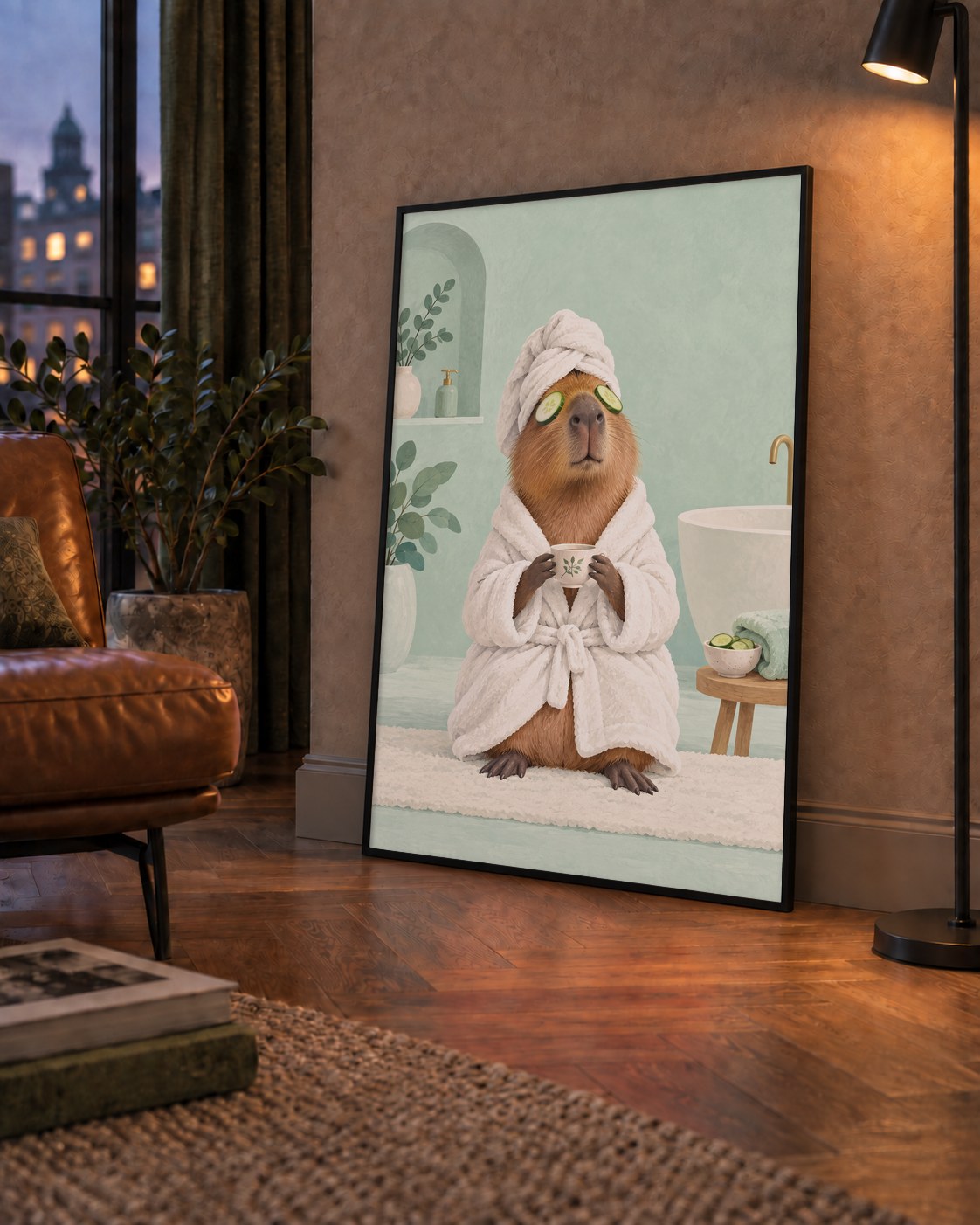 Spa Keyfi Yapan Su Maymunu Dijital Poster Baskısı — çerçeveli hâliyle bir ev duvarında