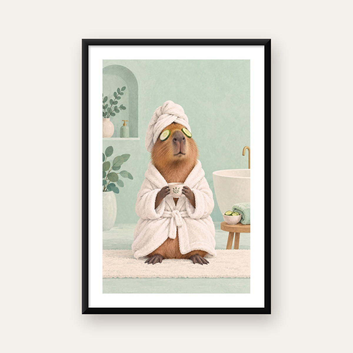 Spa Keyfi Yapan Su Maymunu Dijital Poster Baskısı — Dikey baskı, beyaz paspartulu
