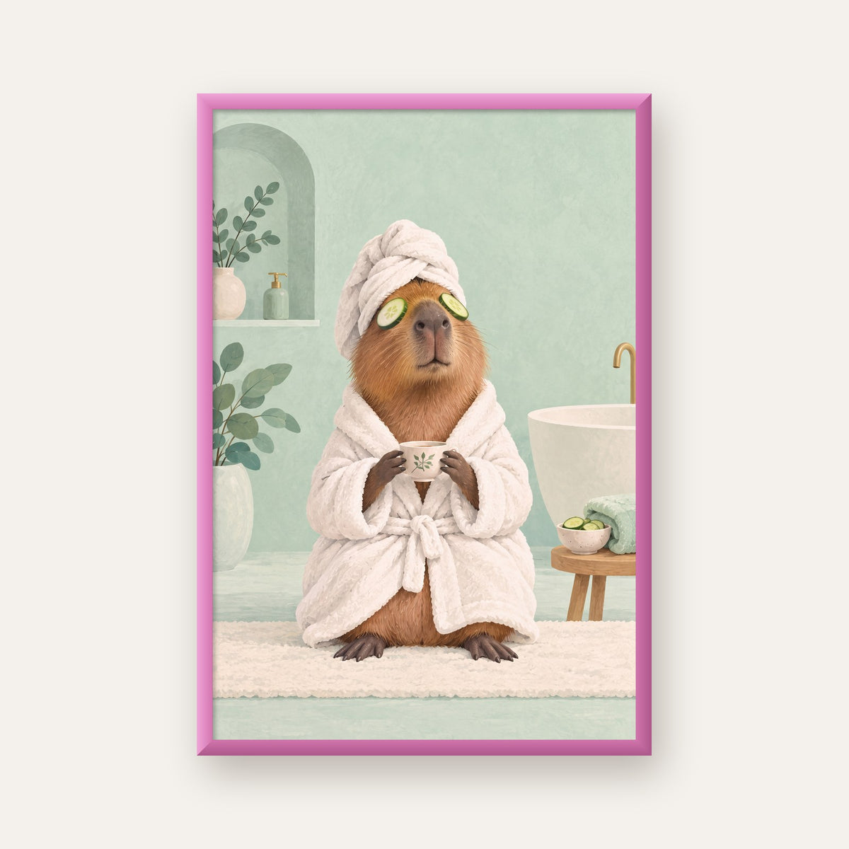Spa Keyfi Yapan Su Maymunu Dijital Poster Baskısı — pembe çerçeveli