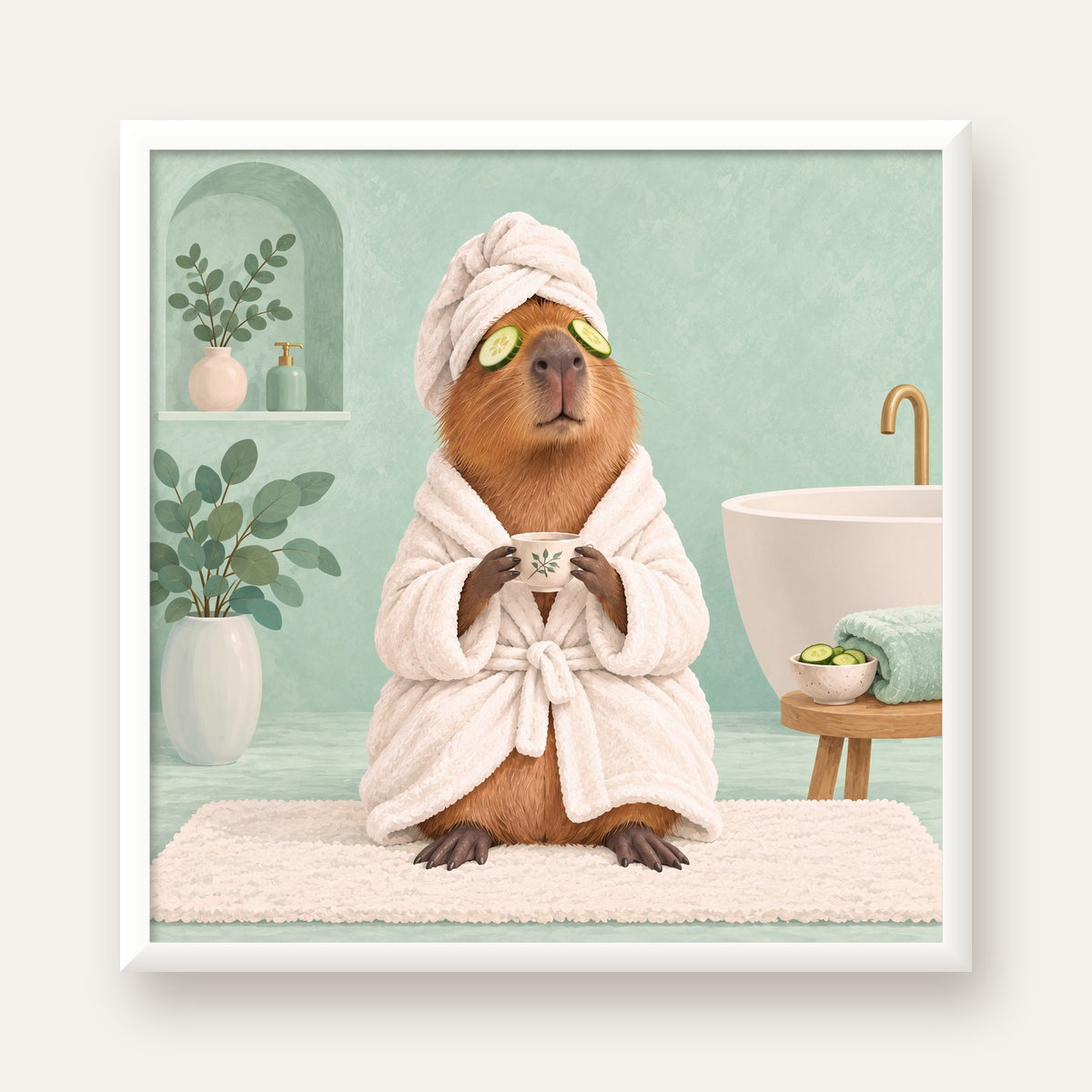 Spa Keyfi Yapan Su Maymunu Dijital Poster Baskısı — beyaz çerçeveli kare poster