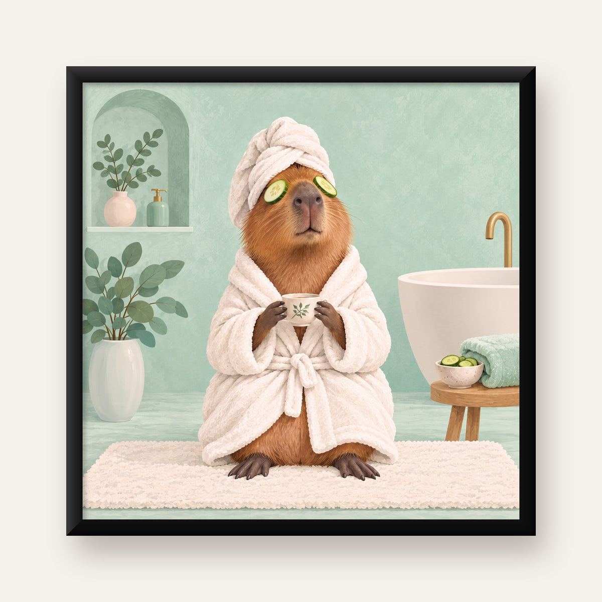 Spa Keyfi Yapan Su Maymunu Dijital Poster Baskısı — Kare baskı, düz siyah çerçeveli duvar posteri