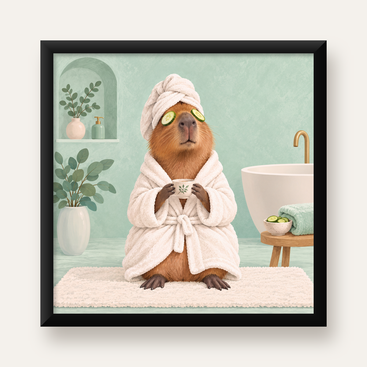 Spa Keyfi Yapan Su Maymunu Dijital Poster Baskısı — Kare baskı, düz siyah çerçeveli duvar posteri