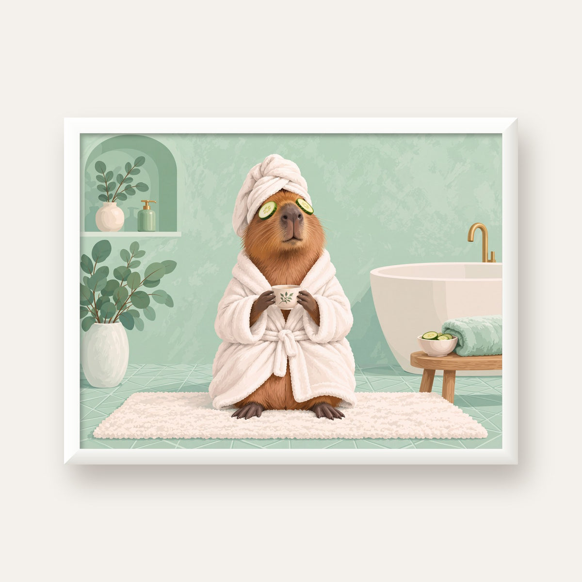 Spa Keyfi Yapan Su Maymunu Dijital Poster Baskısı — beyaz çerçeveli yatay poster