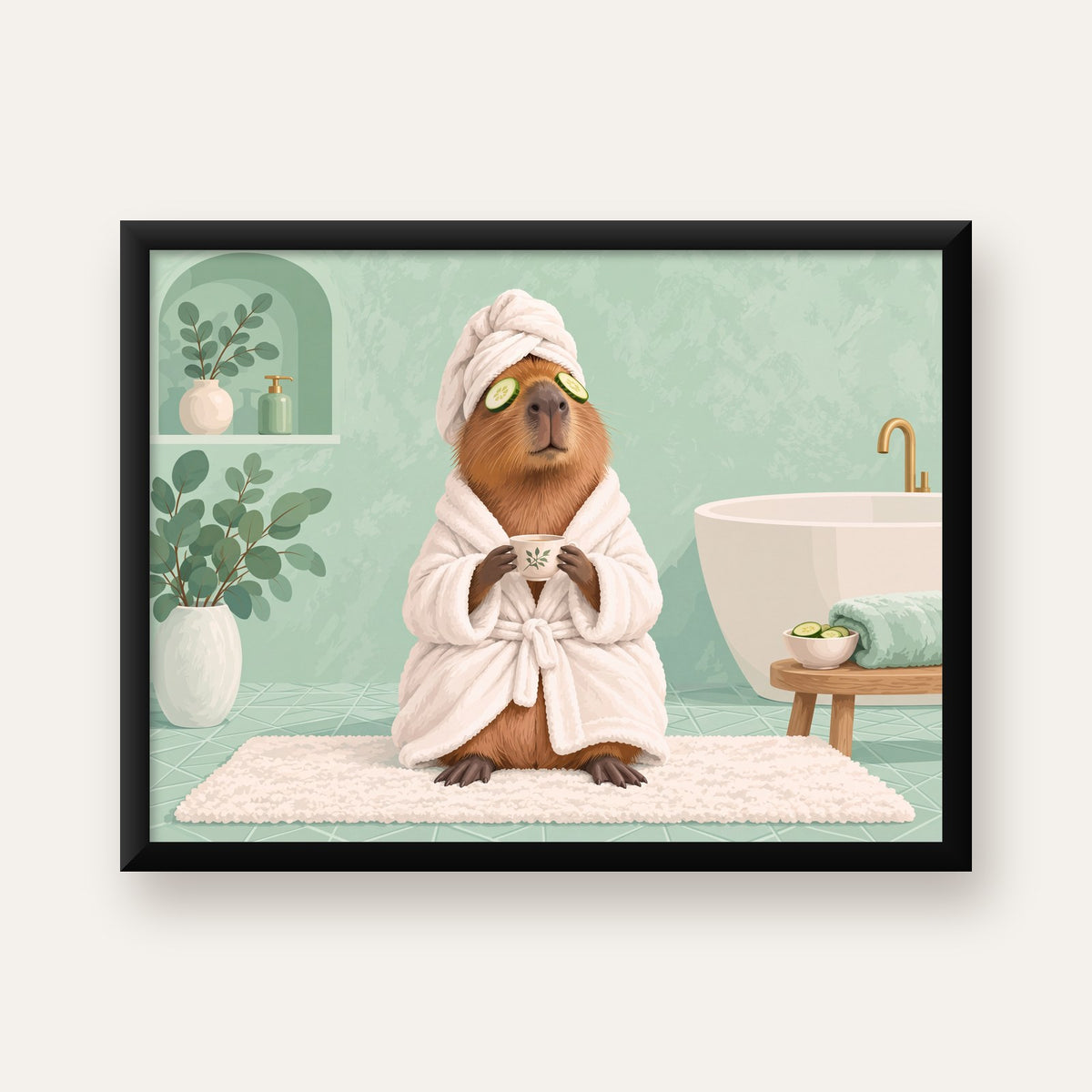 Spa Keyfi Yapan Su Maymunu Dijital Poster Baskısı — Yatay baskı, düz siyah çerçeveli duvar posteri