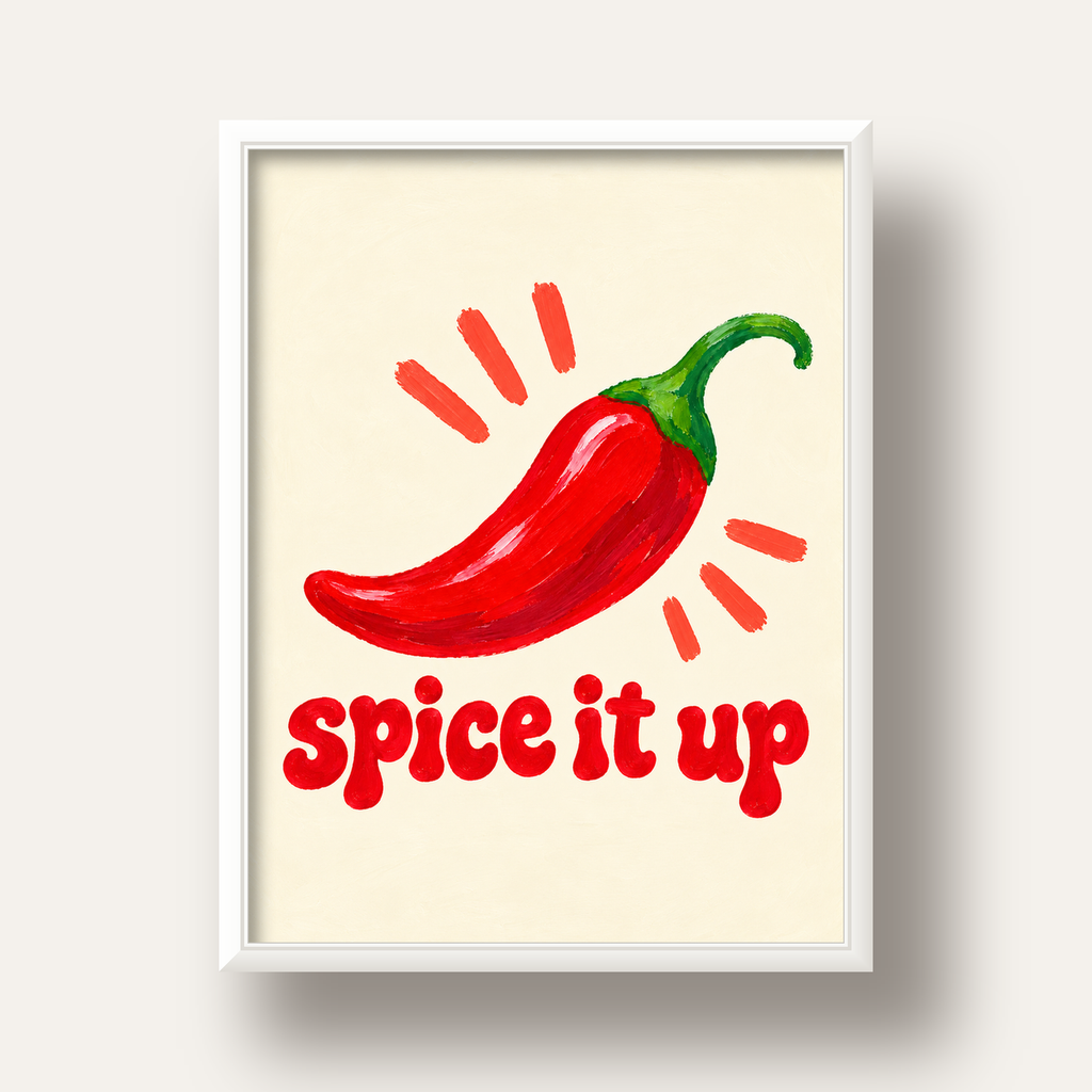 Spice It Up Kırmızı Biber İllüstrasyon Poster – Canlı Sanat Baskısı — beyaz derin çerçeveli