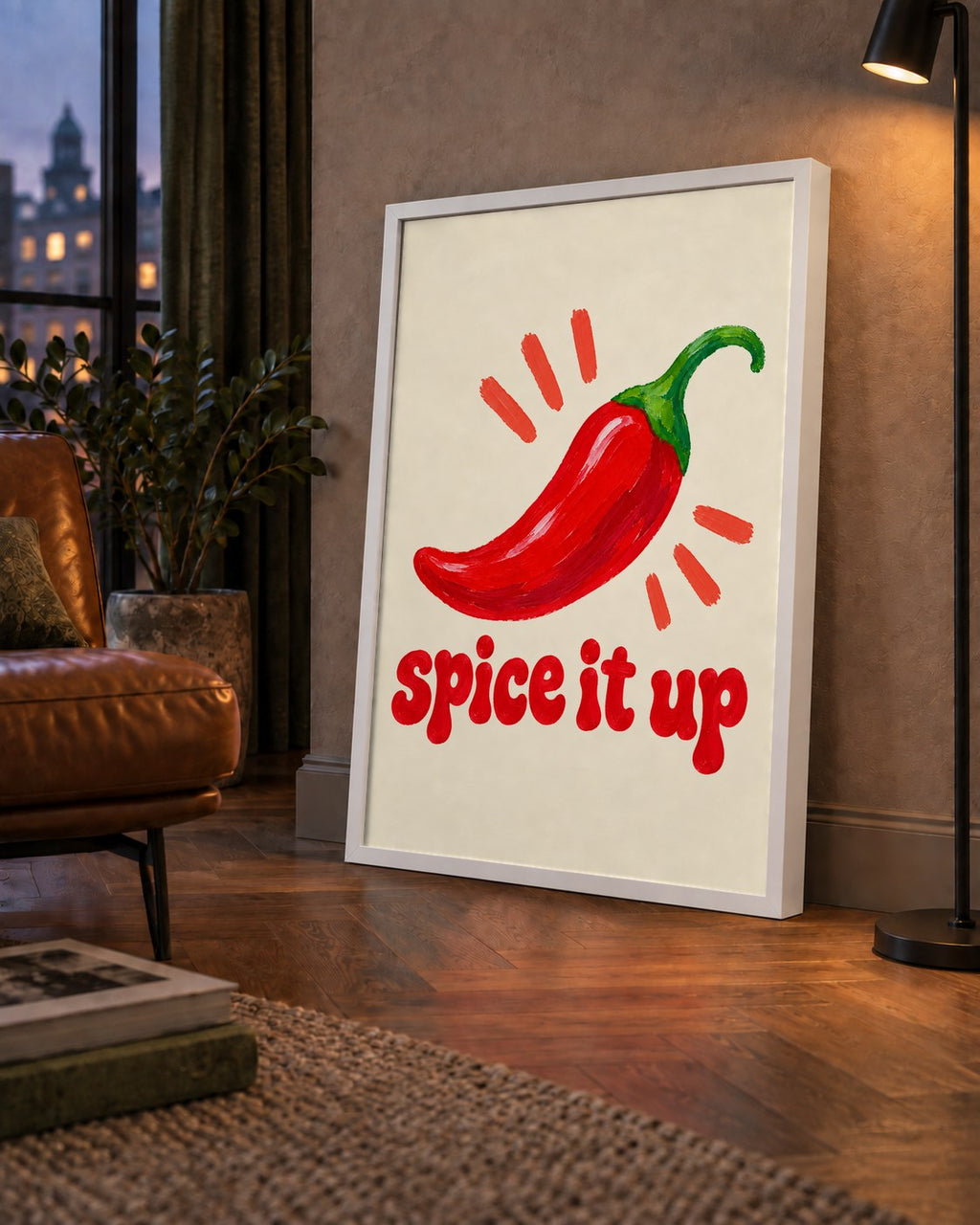 Spice It Up Kırmızı Biber İllüstrasyon Poster – Canlı Sanat Baskısı — çerçeveli hâliyle bir ev duvarında