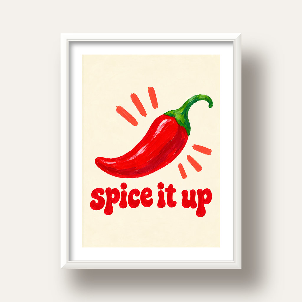 Spice It Up Kırmızı Biber İllüstrasyon Poster – Canlı Sanat Baskısı — beyaz derin çerçeveli paspartulu