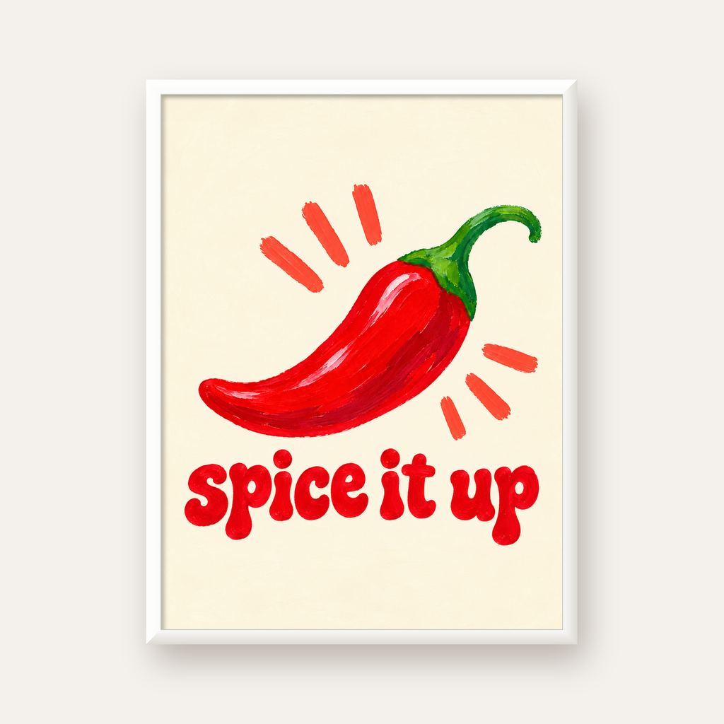 Spice It Up Kırmızı Biber İllüstrasyon Poster – Canlı Sanat Baskısı — beyaz çerçeveli dikey poster