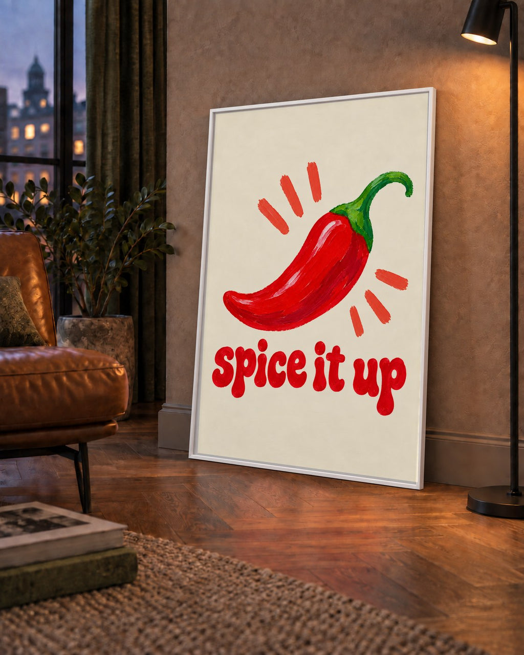 Spice It Up Kırmızı Biber İllüstrasyon Poster – Canlı Sanat Baskısı — çerçeveli hâliyle bir ev duvarında