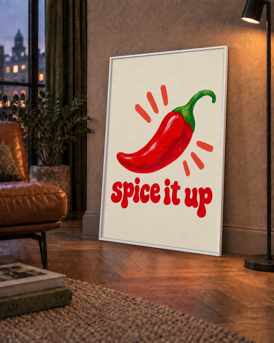 Spice It Up Kırmızı Biber İllüstrasyon Poster – Canlı Sanat Baskısı — çerçeveli hâliyle bir ev duvarında