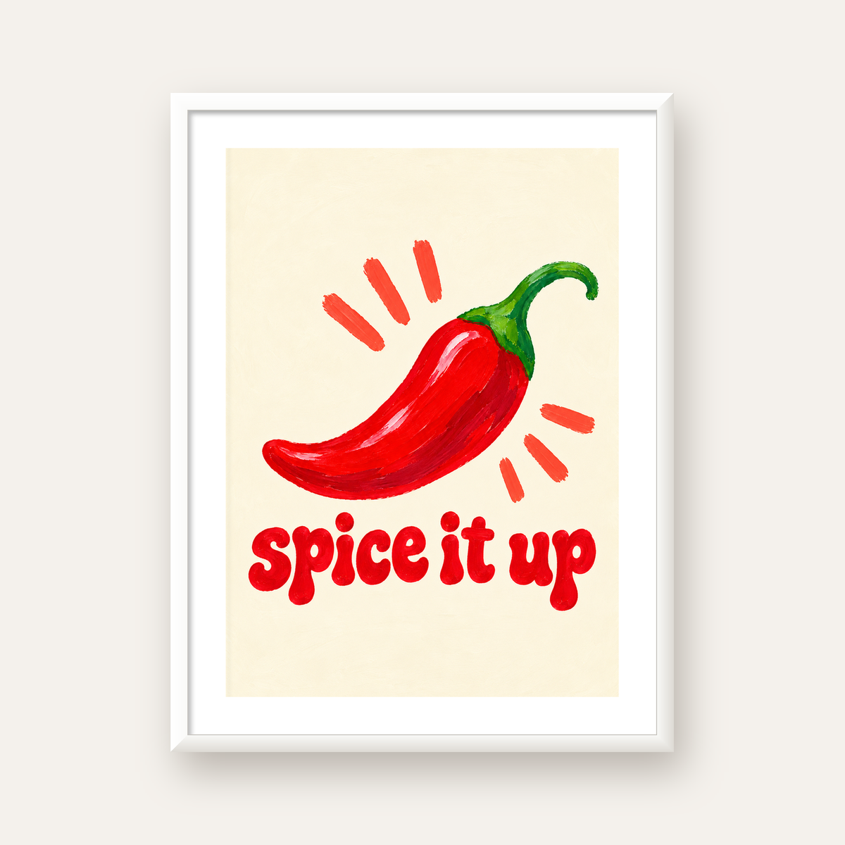Spice It Up Kırmızı Biber İllüstrasyon Poster – Canlı Sanat Baskısı — beyaz çerçeveli dikey poster