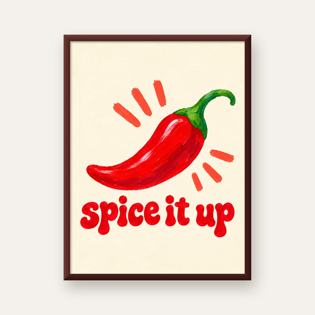 Spice It Up Kırmızı Biber İllüstrasyon Poster – Canlı Sanat Baskısı — ceviz çerçeveli