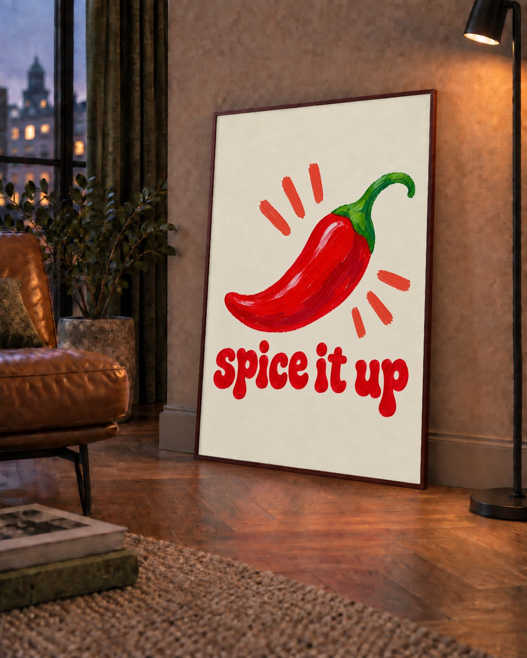 Spice It Up Kırmızı Biber İllüstrasyon Poster – Canlı Sanat Baskısı — çerçeveli hâliyle bir ev duvarında