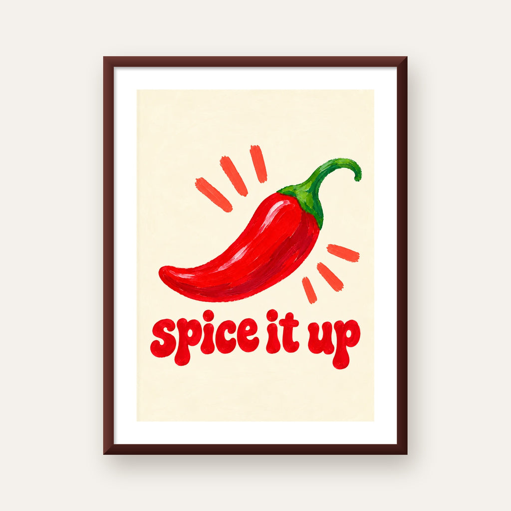 Spice It Up Kırmızı Biber İllüstrasyon Poster – Canlı Sanat Baskısı — ceviz çerçeveli paspartulu