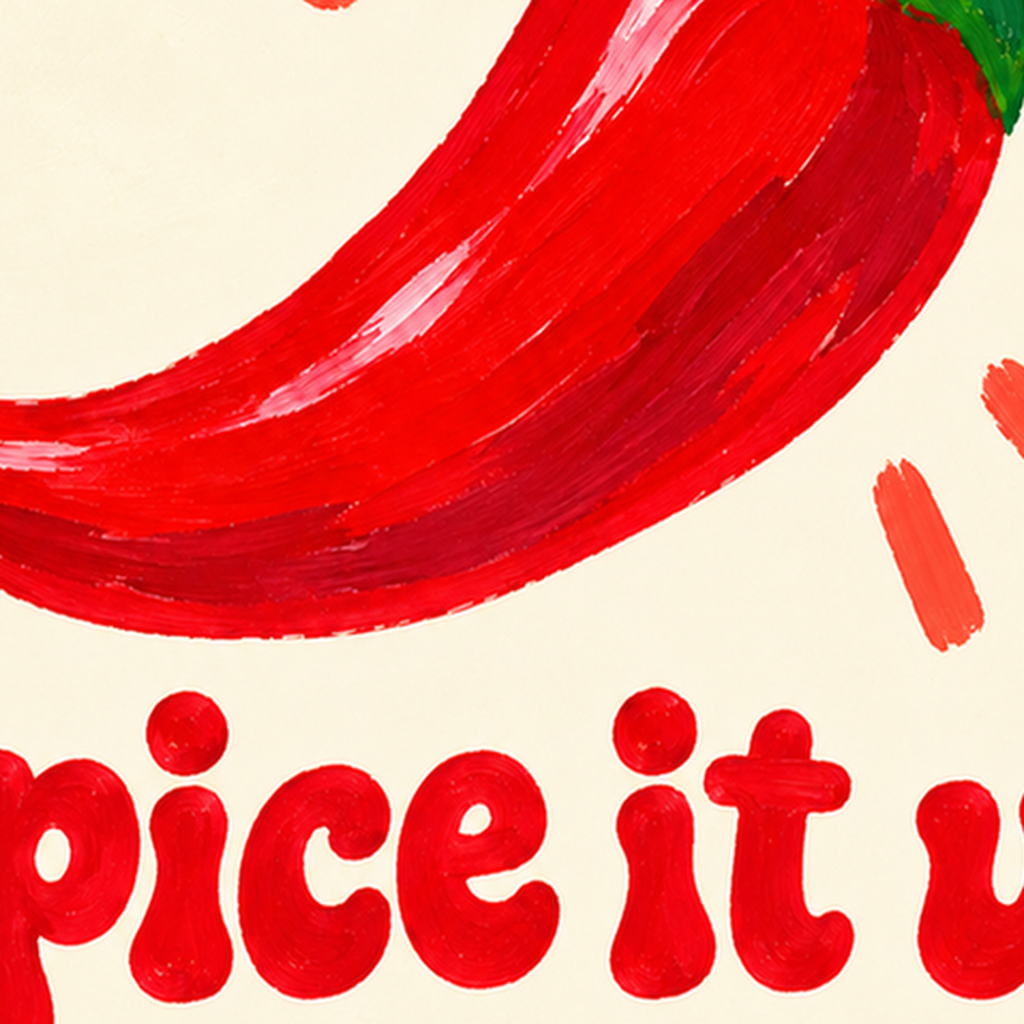 Kırmızı Biber İllüstrasyonlu Baharat Temalı Poster, Spice It Up — baskının yakın çekimi, kâğıt dokusu ve renk detayı