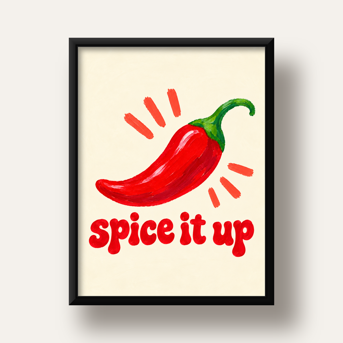 Spice It Up Kırmızı Biber İllüstrasyon Poster – Canlı Sanat Baskısı — siyah derin çerçeveli