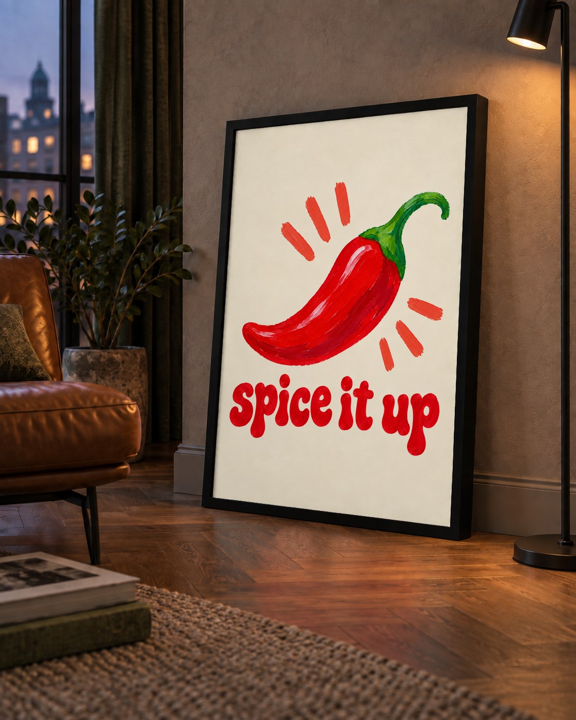 Spice It Up Kırmızı Biber İllüstrasyon Poster – Canlı Sanat Baskısı — çerçeveli hâliyle bir ev duvarında
