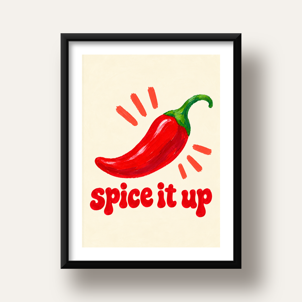 Spice It Up Kırmızı Biber İllüstrasyon Poster – Canlı Sanat Baskısı — siyah derin çerçeveli paspartulu