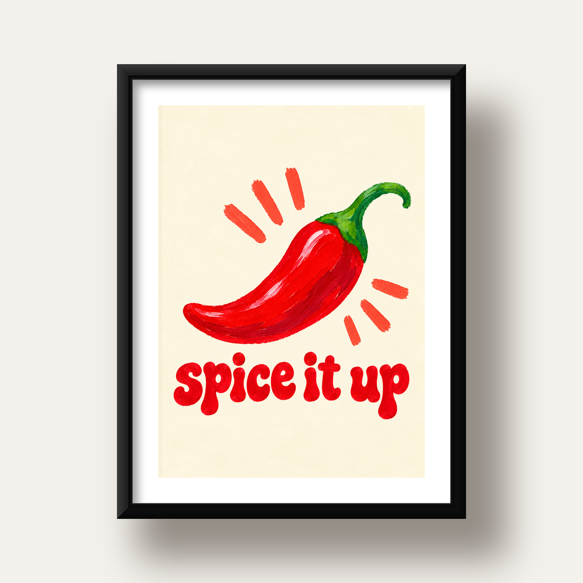 Spice It Up Kırmızı Biber İllüstrasyon Poster – Canlı Sanat Baskısı — siyah derin çerçeveli paspartulu