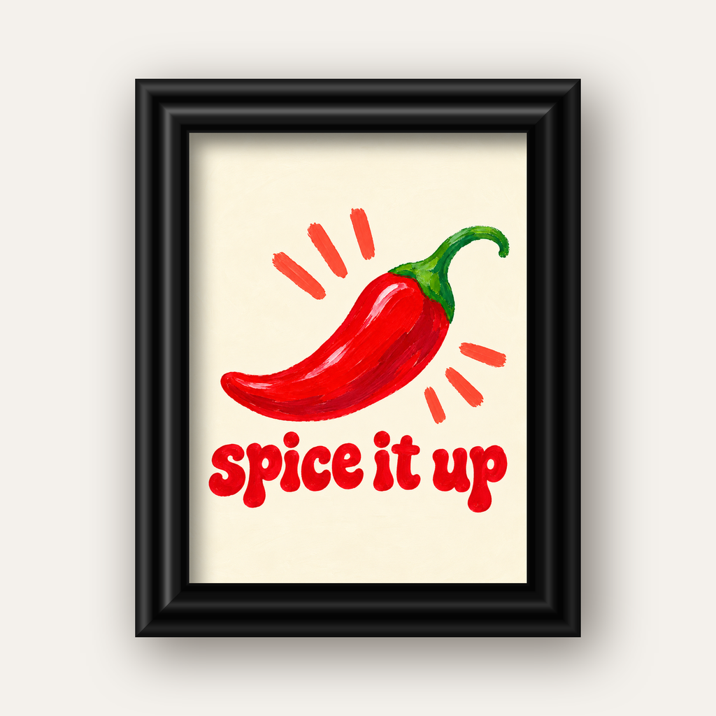 Spice It Up Kırmızı Biber İllüstrasyon Poster – Canlı Sanat Baskısı — siyah galeri çerçeveli