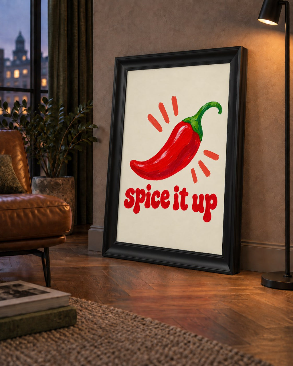 Spice It Up Kırmızı Biber İllüstrasyon Poster – Canlı Sanat Baskısı — çerçeveli hâliyle bir ev duvarında