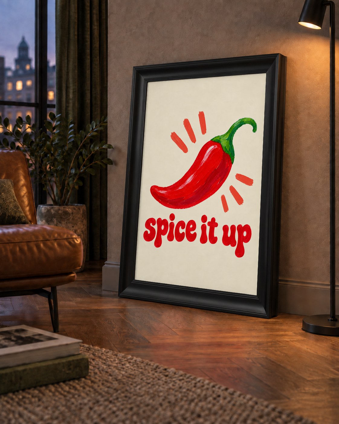 Spice It Up Kırmızı Biber İllüstrasyon Poster – Canlı Sanat Baskısı — çerçeveli hâliyle bir ev duvarında