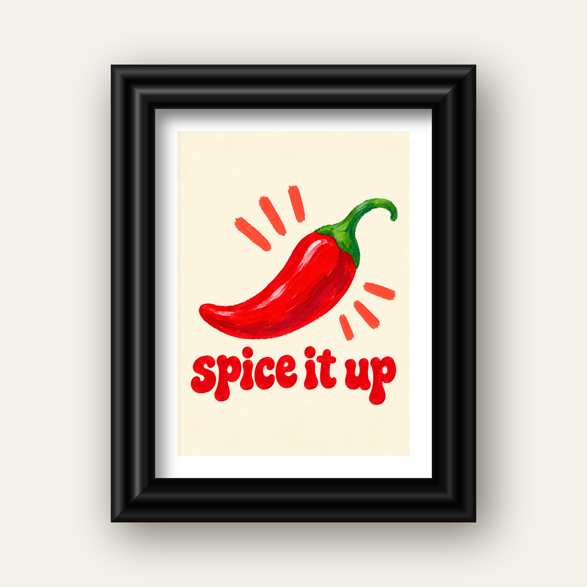 Spice It Up Kırmızı Biber İllüstrasyon Poster – Canlı Sanat Baskısı — siyah galeri çerçeveli paspartulu