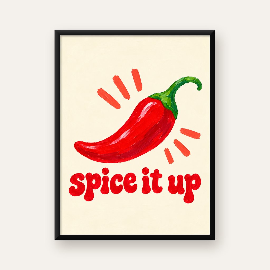 Kırmızı Biber İllüstrasyonlu Baharat Temalı Poster, Spice It Up — Dikey baskı, düz siyah çerçeveli duvar posteri