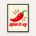 Kırmızı Biber İllüstrasyonlu Baharat Temalı Poster, Spice It Up — Dikey baskı, düz siyah çerçeveli duvar posteri